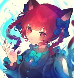 Rule 34 | 1girl, animal ears, black bow, black shirt, blue bow, blush, bow, braid, brooch, cat ears, chikuwa (tikuwaumai ), closed mouth, commentary request, fangs, fingernails, frills, hair bow, hand up, highres, hitodama, jewelry, kaenbyou rin, long fingernails, long hair, long sleeves, looking at viewer, multiple tails, nail polish, purple nails, red eyes, red hair, shirt, smile, solo, tail, touhou, twin braids, twintails, twitter username, two tails, upper body