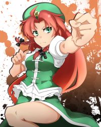 Rule 34 | 1girl, braid, chinese clothes, female focus, fighting stance, green eyes, hat, hong meiling, long hair, mku, red hair, side slit, solo, touhou, twin braids