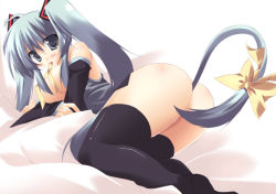 Rule 34 | anal tail, black thighhighs, bow, cow tail, detached sleeves, fake tail, green hair, hatsune miku, long hair, nitoki, no panties, short twintails, solo, tail, tail bow, tail ornament, thighhighs, twintails, vocaloid