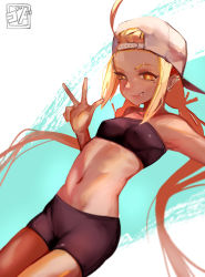 Rule 34 | 1girl, backwards hat, bandeau, baseball cap, bike shorts, blonde hair, cameltoe, covered erect nipples, earrings, godsh0t, hat, highres, jewelry, long hair, looking at viewer, midriff, mole, mole under eye, navel, original, red eyes, short shorts, shorts, simple background, solo, sports bra, twintails, v