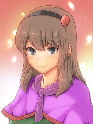 Rule 34 | 1girl, alice margatroid, blush, brown hair, closed mouth, collarbone, cookie (touhou), food, fruit, grey eyes, hairband, highres, ichigo (cookie), long hair, looking at viewer, smile, solo, strawberry, touhou, upper body, zairisha123