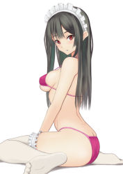 Rule 34 | 1girl, :o, bikini, black hair, blush, breasts, butt crack, feet, long hair, looking at viewer, looking back, maid headdress, muffin (sirumeria), original, parted lips, purple bikini, red eyes, simple background, sitting, skindentation, solo, strap gap, swimsuit, thighhighs, wariza, white background, white thighhighs