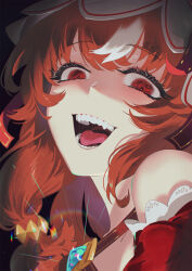 Rule 34 | 1girl, animal ears, bare shoulders, black background, commentary, dress, english commentary, fangs, hair between eyes, highres, horse ears, horse girl, looking at viewer, multicolored hair, open mouth, red dress, red eyes, red hair, sarcophage, simple background, smile, solo, still in love (umamusume), streaked hair, teeth, tongue, twintails, umamusume, upper body, white hair, yandere