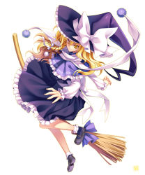 Rule 34 | 1girl, blonde hair, braid, broom, dress, female focus, full body, hat, kirisame marisa, riv (rivleaf), simple background, solo, touhou, white background, witch, witch hat, yellow eyes