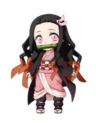 Rule 34 | 1girl, bamboo, bit gag, black hair, brown footwear, brown hair, checkered sash, chibi, commentary request, fingernails, forehead, full body, gag, hair ribbon, highres, japanese clothes, kamado nezuko, kimetsu no yaiba, kimono, kuena, long fingernails, long hair, long sleeves, looking at viewer, mouth hold, multicolored hair, obi, open clothes, parted bangs, pink eyes, pink kimono, pink ribbon, ribbon, sandals, sash, sharp fingernails, simple background, sleeves past wrists, solo, standing, two-tone hair, very long hair, white background, white legwear, wide sleeves, zouri