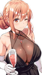 1girl 2024 alcohol artist_name bare_shoulders belko black_dress blush breasts brown_eyes brown_hair cleavage collarbone cup dated dress drinking_glass elbow_gloves gloves hair_bun highres huge_breasts looking_at_viewer mature_female one_eye_closed see-through_cleavage see-through_clothes see-through_dress sideboob sidelocks simple_background smile white_background white_gloves wine wink yahari_ore_no_seishun_lovecome_wa_machigatteiru. yuigahama_yui&#039;s_mother