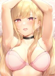 Rule 34 | 1girl, armpits, arms on head, arms up, artist name, black choker, blonde hair, blush, bra, breasts, breasts apart, choker, collarbone, commentary, ear piercing, earrings, english commentary, eyelashes, female focus, frilled bra, frills, furrowed brow, gradient hair, hair over breasts, highres, jewelry, kimoshi, kitagawa marin, lips, long hair, looking at viewer, lying, medium breasts, midriff, mixed-language commentary, multicolored hair, on back, open mouth, paid reward available, piercing, pink bra, red eyes, shiny skin, smile, solo, sono bisque doll wa koi wo suru, stud earrings, swept bangs, teeth, tongue, tongue out, underwear, upper body, upper teeth only, variant set