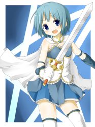 Rule 34 | 10s, blue eyes, blue hair, cape, elbow gloves, faubynet, frills, gloves, highres, magical girl, mahou shoujo madoka magica, mahou shoujo madoka magica (anime), miki sayaka, miki sayaka (magical girl), open mouth, short hair, skirt, smile, solo, sword, thighhighs, weapon