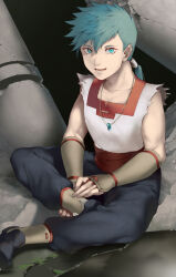 Rule 34 | 1boy, blue eyes, blue hair, breath of fire, breath of fire iv, collarbone, commentary, fingerless gloves, full body, gloves, haruno14, jewelry, long hair, looking at viewer, male focus, necklace, open mouth, ryuu (breath of fire iv), sitting, sleeveless, smile, solo, water