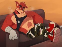 1boy artist_name bandaged_hand bandages bara black_shirt blush camouflage camouflage_pants clothes_lift commentary crash_bandicoot_(series) crossed_legs crunch_bandicoot english_commentary furry furry_male half-closed_eyes highres komoroshi male_focus muscular muscular_male nipples open_mouth pants pectorals red_boots scar scar_on_arm scar_on_neck shirt shirt_lift sleeveless sleeveless_shirt sweat