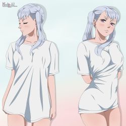 Rule 34 | 1girl, artist name, black clover, blush, breasts, earrings, highres, jewelry, lips, long hair, looking at viewer, mandio art, medium breasts, noelle silva, pajamas challenge, purple eyes, shirt, short sleeves, silver hair, smile, solo, standing, thighs, twintails, white shirt