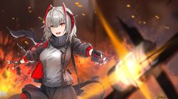 Rule 34 | 1girl, :d, ahoge, arknights, artist name, black gloves, black jacket, black scarf, black skirt, breasts, commentary, controller, cowboy shot, demon tail, detonator, embers, english commentary, explosion, explosive, fingerless gloves, fire, gloves, grey shirt, hair between eyes, highres, holding, horns, jacket, junshiki, looking at viewer, medium breasts, miniskirt, multicolored hair, nail polish, open clothes, open jacket, open mouth, orange eyes, outstretched arms, red hair, red nails, remote control, scarf, shirt, short hair, signature, silver hair, skirt, smile, solo, streaked hair, tail, two-tone hair, w (arknights)