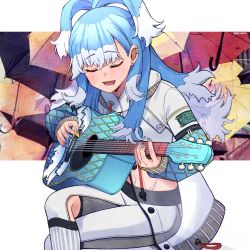 Rule 34 | 021 shiro, 1girl, absurdres, antenna hair, blue hair, blue nails, blush, crop top, earrings, closed eyes, guitar, highres, holding, holding instrument, holding plectrum, hololive, hololive indonesia, instrument, jewelry, kobo kanaeru, long hair, long sleeves, multicolored hair, nail polish, navel, open mouth, pants, plectrum, smile, solo, stud earrings, virtual youtuber, white hair, white pants