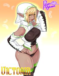 Rule 34 | 1girl, agawa ryou, artist name, bad id, bad tumblr id, bare shoulders, blonde hair, boots, borrowed character, breasts, character name, colored sclera, dark-skinned female, dark elf, dark skin, detached sleeves, elf, eye contact, eyelashes, eyeshadow, front-tie top, green thighhighs, hand on own hip, hip focus, hood, large breasts, lips, lipstick, looking at another, looking at viewer, makeup, narrow waist, navel, original, pointy ears, red eyes, seductive smile, shiny skin, short hair, smile, solo, thick lips, thick thighs, thigh boots, thighhighs, thighs, yellow sclera