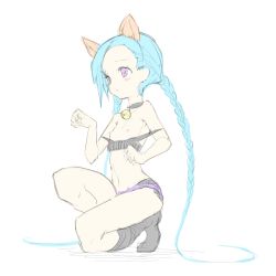 Rule 34 | 1girl, animal ears, bell, blue hair, blush, boots, braid, cat ears, choker, flat chest, hairline, jinx (league of legends), league of legends, long hair, looking away, neck bell, nipples, paw pose, purple eyes, solo, squatting, twintails, waero