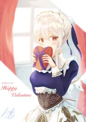 Rule 34 | 108 (serra), 1girl, absurdres, blush, box, braid, breasts, covering own mouth, curtains, dated, frills, hands up, happy valentine, heart-shaped box, highres, indoors, looking at viewer, maid headdress, medium breasts, red eyes, sennen sensou aigis, serra (sennen sensou aigis), solo, valentine, white hair, window