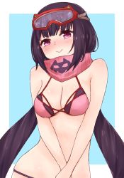 Rule 34 | 1girl, :&gt;, bare arms, bare shoulders, bikini, blue background, blush, breasts, cleavage, closed mouth, fate/grand order, fate (series), goggles, goggles on head, i.u.y, long hair, looking at viewer, low twintails, medium breasts, osakabehime (fate), osakabehime (swimsuit archer) (fate), osakabehime (swimsuit archer) (second ascension) (fate), pink bikini, purple eyes, purple hair, solo, swimsuit, twintails, two-tone background, upper body, very long hair, white background
