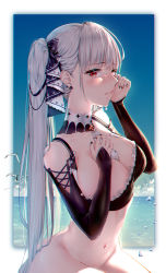 Rule 34 | 1girl, azur lane, bare shoulders, between breasts, bikini, bikini top only, bird, black bikini, black bow, black nails, blunt bangs, blush, bottomless, bow, breasts, bridal gauntlets, cleavage, closed mouth, collarbone, commentary request, crying, crying with eyes open, detached collar, fingernails, formidable (azur lane), frilled bikini, frilled bikini top, frills, grey hair, groin, hair bow, hand on own chest, hand on own face, hbb, highres, large breasts, long hair, looking at viewer, nail polish, navel, no panties, ocean, red eyes, ribbon, seagull, seiza, sidelocks, sitting, solo, stomach, streaming tears, swimsuit, tears, twintails, two-tone ribbon, very long hair, water, water drop