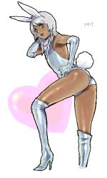 Rule 34 | 1boy, androgynous, animal ears, aqua eyes, artist request, bare shoulders, boots, dark skin, elbow gloves, gloves, gundam, hand on own hip, headband, heart, high heel boots, high heels, legs, leotard, looking at viewer, loran cehack, male focus, oekaki, open mouth, rabbit ears, rabbit tail, smile, solo, tail, thigh boots, thighhighs, trap, turn a gundam, white gloves, white hair, white thighhighs