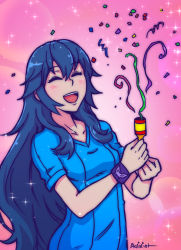 Rule 34 | 1girl, ^ ^, akairiot, bad id, bad tumblr id, black hair, blush, breasts, casual, closed eyes, confetti, female focus, fire emblem, fire emblem awakening, happy, long hair, lucina (fire emblem), new year, nintendo, open mouth, party popper, pink background, shirt, small breasts, smile, solo, sparkle, super smash bros., t-shirt, very long hair, wristband
