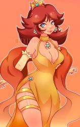 Rule 34 | 1girl, blue eyes, blush, breasts, brown hair, cleavage, collarbone, cresscin, crown, dress, earrings, feather boa, flower, flower earrings, gloves, highres, jewelry, large breasts, long hair, looking at viewer, mario (series), nintendo, orange background, parted lips, princess, princess daisy, side slit, sleeveless, sleeveless dress, smile, super mario land, teeth, thigh strap, yellow dress, yellow gloves