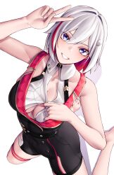 Rule 34 | 1girl, absurdres, arm up, bare arms, bare shoulders, barefoot, belt, black belt, blue eyes, breasts, cleavage, commentary request, hair ornament, highres, honkai: star rail, honkai (series), medium breasts, pyeong-il pyeongil, red hair, short hair, sleeveless, solo, thigh strap, thighs, topaz (honkai: star rail), v, white background, white hair