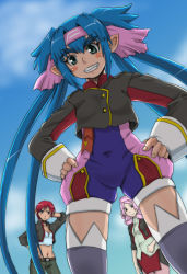 Rule 34 | 00s, 3girls, aqua eyes, arm behind head, arm up, belt, blue hair, blush, blush stickers, breasts, buttons, child, cleavage, cloud, covered navel, cowboy shot, crop top, day, emblem, eyebrows, flat chest, from below, frown, garter straps, grin, hair intakes, hand on own hip, hands on own hips, headband, hirokawa kouichirou, jacket, klan klein, light smile, long hair, long sleeves, macross, macross frontier, meltrandi, midriff, military, military uniform, multiple girls, navel, nene rora, open clothes, open jacket, outdoors, pink hair, pointy ears, quad tails, raramia rerenia, red hair, ribbon, s.m.s., short hair, sidelocks, skirt, sky, sleeve cuffs, small breasts, smile, standing, thick eyebrows, thighhighs, turtleneck, uniform, unitard, very long hair, zentradi, zettai ryouiki