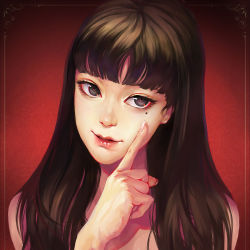 Rule 34 | 1girl, black eyes, brown hair, fingernails, junji ito (series), kawakami tomie, liaa, long hair, mole, mole under eye, parted lips, pointing, realistic, red background, solo, tomie, upper body