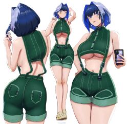 Rule 34 | 1girl, absurdres, alternate costume, armpits, ass, backboob, bare shoulders, blue eyes, blue hair, blue nails, breasts, brown footwear, buttons, cellphone, cleavage, colored inner hair, crocs, crop top, earrings, erasorpepero, from behind, green shirt, hair intakes, twirling hair, highres, holding, holding phone, hololive, hololive english, jewelry, large breasts, looking at viewer, midriff, multicolored hair, multiple views, nail polish, navel, ouro kronii, overalls, paid reward available, phone, pocket, shirt, short hair, shorts, sideboob, sideless shirt, simple background, smartphone, suspender shorts, suspenders, thigh gap, underboob, virtual youtuber, white background
