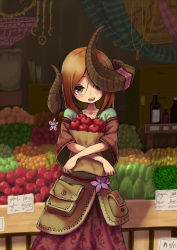 Rule 34 | 159cm, 1girl, :d, apple, asymmetrical horns, bag, brown eyes, brown hair, crossed arms, curled horns, food, food stand, fruit, fruit stand, gran-chan (159cm), grocery bag, holding, holding bag, holding food, holding fruit, horns, long sleeves, looking at viewer, low horns, open mouth, original, paper bag, pouch, red apple, red skirt, shopping bag, skirt, smile, solo, standing, uneven horns, wide sleeves