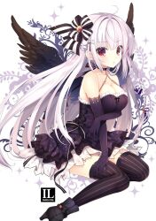 Rule 34 | 1girl, arm grab, black thighhighs, black wings, blush, bow, breasts, choker, cleavage, collarbone, commentary request, elbow gloves, gloves, grey hair, hair ornament, large breasts, mitha, original, red eyes, sitting, striped clothes, striped thighhighs, thighhighs, vertical-striped clothes, vertical-striped thighhighs, wings, yokozuwari, zettai ryouiki
