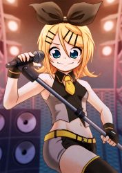 Rule 34 | &gt;:), 1girl, aqua eyes, bare shoulders, black bow, black star (module), blonde hair, blurry, blurry background, bow, depth of field, fingerless gloves, gloves, hair bow, hair ornament, hairclip, highres, horyuu, kagamine rin, kodoku no hate (vocaloid), microphone, midriff, navel, necktie, project diva, project diva (series), short hair, short necktie, shorts, sleeveless blazer, smile, solo, speaker, stage, stage lights, thighhighs, vocaloid, yellow necktie, zettai ryouiki