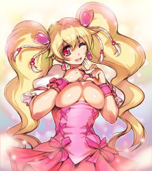 Rule 34 | 00s, 1girl, blonde hair, bow, breasts, breasts out, cure peach, fresh precure!, hair ornament, heart, heart hair ornament, heart hands, hisahiko, large breasts, long hair, looking at viewer, magical girl, md5 mismatch, momozono love, pink bow, pink eyes, precure, solo, twintails