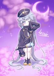 Rule 34 | 1girl, absurdres, blue eyes, colored skin, cookie run, crescent moon, hat, highres, humanization, lllesser, long hair, long sleeves, low twintails, milky way cookie, moon, sleepy, solo, star (symbol), train conductor, twintails, very long hair, white hair, white skin