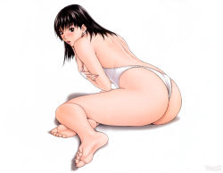 Rule 34 | 1girl, :o, ass, back, barefoot, black eyes, black hair, blush, breast hold, breasts, breasts out, casual one-piece swimsuit, clothes pull, covering privates, covering breasts, embarrassed, feet, fingernails, foreshortening, from side, full body, g-taste, halterneck, highleg, highleg swimsuit, hunched over, leaning forward, lipstick, long fingernails, long toenails, looking at viewer, looking back, makeup, non-web source, official art, one-piece swimsuit, one-piece swimsuit pull, one-piece thong, open mouth, profile, scan, shadow, sideboob, simple background, sitting, soles, solo, swimsuit, tachibana miyuki (g-taste), thong, toenails, toes, underwear, watermark, wedgie, white background, white one-piece swimsuit, wristband, yagami hiroki, yokozuwari