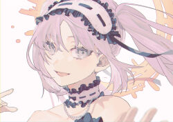 Rule 34 | 1girl, bare shoulders, choker, collarbone, e1voipius52iwof, fate/grand order, fate (series), frilled choker, frilled headwear, frills, hair over eyes, hairband, halo, headdress, highres, jewelry, long hair, looking at viewer, necklace, purple eyes, purple hair, reaching, reaching towards viewer, simple background, solo, stheno (fate), twintails, white background