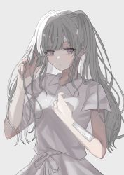 Rule 34 | 1girl, absurdres, bandaged arm, bandages, bandaid, bandaid on arm, bandaid on face, bandaid on forehead, collared dress, commentary request, dress, grey background, grey hair, highres, idolmaster, idolmaster shiny colors, long hair, looking at viewer, momi (frisch1022), parted lips, purple eyes, short sleeves, solo, twintails, upper body, white dress, yukoku kiriko