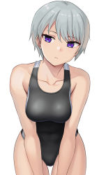 Rule 34 | 1girl, black one-piece swimsuit, breasts, closed mouth, collarbone, competition swimsuit, cowboy shot, expressionless, grey hair, hashi, leaning forward, legs apart, looking at viewer, medium breasts, one-piece swimsuit, original, purple eyes, short hair, simple background, solo, swimsuit, white background