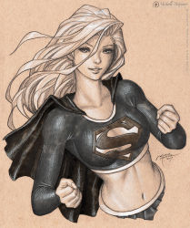 Rule 34 | 1girl, artist name, breasts, cape, clenched hands, collarbone, colored pencil (medium), crop top, dated, dc comics, dutch angle, eyelashes, fingernails, graphite (medium), highres, lips, long fingernails, long hair, long sleeves, looking at viewer, medium breasts, michelle hoefener, midriff, monochrome, multiple monochrome, navel, nose, parted lips, pleated skirt, signature, skin tight, skirt, smile, solo, supergirl, superhero costume, superman (series), traditional media, upper body