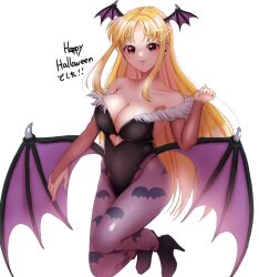 Rule 34 | 1girl, animal print, bare shoulders, bat print, bat wings, black footwear, black leotard, blonde hair, breasts, cleavage, closed mouth, clothing cutout, commentary request, cosplay, english text, fate testarossa, floating, halloween, happy halloween, head wings, heart cutout, high heels, highleg, highleg leotard, large breasts, legs up, leotard, long hair, long sleeves, lyrical nanoha, morrigan aensland, morrigan aensland (cosplay), nun (nun lily), pantyhose, print pantyhose, purple pantyhose, purple wings, red eyes, revision, simple background, smile, solo, translated, twitter username, vampire (game), very long hair, white background, wings