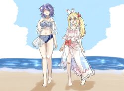 Rule 34 | 2girls, beach, blue sky, cloud, cloudy sky, highres, koyane (silver81106), letty whiterock, lily white, looking at viewer, multiple girls, ocean, shore, sky, swimsuit, touhou, water