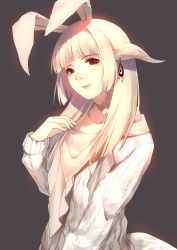 Rule 34 | 1girl, animal ears, au ra, blonde hair, blunt bangs, caidychen, character request, closed mouth, earrings, final fantasy, final fantasy xiv, grey background, highres, jewelry, long hair, long sleeves, looking at viewer, platinum blonde hair, rabbit ears, red eyes, red lips, simple background, solo, sweater, white sweater