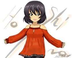 Rule 34 | 10s, 1girl, artist name, blouse, brown hair, bukkuri, casual, character name, dark-skinned female, dark skin, girls und panzer, green eyes, hoshino (girls und panzer), long sleeves, looking at viewer, open mouth, outstretched arms, red shirt, romaji text, shirt, short hair, signature, simple background, sketch, smile, solo, spaghetti strap, spread arms, standing, upper body, white background