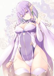 Rule 34 | 1girl, breasts, character request, cleavage, copyright request, elf, kirishima satoshi, large breasts, leotard, matching hair/eyes, pointy ears, purple eyes, purple hair, solo