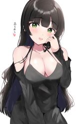 Rule 34 | 1girl, absurdres, bare shoulders, black dress, black hair, blue hair, blush, bocchi the rock!, breasts, chin piercing, cleavage, collarbone, colored inner hair, commentary, cowboy shot, detached sleeves, dress, earclip, green eyes, halterneck, highres, large breasts, long hair, long sleeves, looking at viewer, multicolored hair, open mouth, pa-san, simple background, smile, solo, translated, two-tone hair, white background, yoshiharu (subaru)