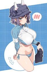 Rule 34 | 1girl, ?, absurdres, animal ears, bikini, bikini bottom only, black hair, blue archive, blue bikini, blue eyes, blush, breasts, bucket hat, closed mouth, cowboy shot, cropped jacket, cropped legs, fake animal ears, groin, hat, highres, holding, jacket, large breasts, long sleeves, looking at viewer, multicolored clothes, multicolored jacket, navel, official alternate costume, raglan sleeves, rash guard, saki (blue archive), saki (swimsuit) (blue archive), short hair, shunichi, side-tie bikini bottom, simple background, skindentation, solo, spoken blush, standing, stomach, string bikini, swimsuit, thighs, two-tone jacket