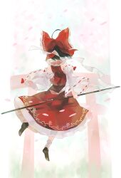 Rule 34 | 1girl, bare shoulders, bow, character name, detached sleeves, floating, from behind, full body, gohei, hair bow, hakurei reimu, highres, holding, holding stick, long sleeves, motion blur, muted color, o (crazyoton46), petals, petticoat, red skirt, red vest, see-through, skirt, skirt set, solo, stick, torii, touhou, translucent, vest, wide sleeves