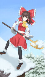 Rule 34 | 1girl, absurdres, ascot, beckody, black pantyhose, blue sky, blush, bow, brown eyes, brown hair, closed mouth, commentary request, day, detached sleeves, frilled bow, frilled hair tubes, frills, hair bow, hair tubes, hakurei reimu, highres, holding, holding shovel, long hair, looking at viewer, midriff, navel, on roof, pantyhose, red bow, red skirt, ribbon-trimmed sleeves, ribbon trim, scarf, shoes, shovel, skirt, skirt set, sky, smile, snow, solo, touhou, tree, yellow ascot, yellow scarf