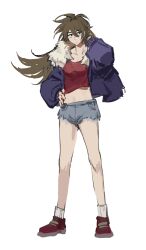 Rule 34 | 1girl, absurdres, black eyes, blue jacket, blue shorts, breasts, brown hair, chinese commentary, cleavage, commentary request, denim, denim shorts, fu.fu.zhang, full body, genderswap, genderswap (mtf), hand on own hip, highres, isoi reiji, jacket, long hair, long sleeves, medium breasts, navel, open clothes, open jacket, red footwear, red shirt, saibou shinkyoku, sanpaku, shirt, shorts, simple background, sketch, socks, solo, torn clothes, torn shorts, white background, white socks