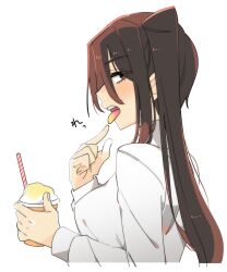 Rule 34 | 1girl, black hair, brown eyes, eyes visible through hair, food, higaragi, highres, holding, holding food, kantai collection, long hair, long sleeves, nachi (kancolle), open mouth, profile, shaved ice, shirt, side ponytail, simple background, solo, tongue, tongue out, upper body, white background, white shirt